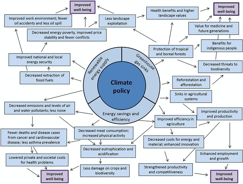 Figure 3 Co-benefit categories in climate policy. The three main components of climate policy in the circle may result in chains of potential positive effects, which – as examples – eventually may improve well-being. Source: Alfredsson and Karlsson 2016.