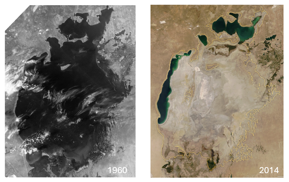 Figure 1. Aerial and satellite images of the Aral Sea taken in 1960 (left) and 2014 (right) showing the extent of the Aral Sea desiccation. The approximate 1960 shoreline of the Aral Sea is marked by a yellow line on the 2014 image. Photos: U.S. Air Force, NASA Earth Observatory. 