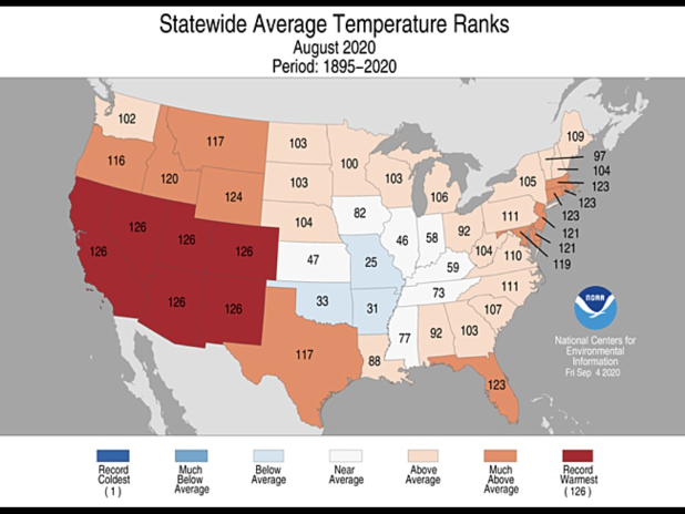 U.S. National Oceanic and Atmospheric Administration compiled data on statewide average temperature ranks.